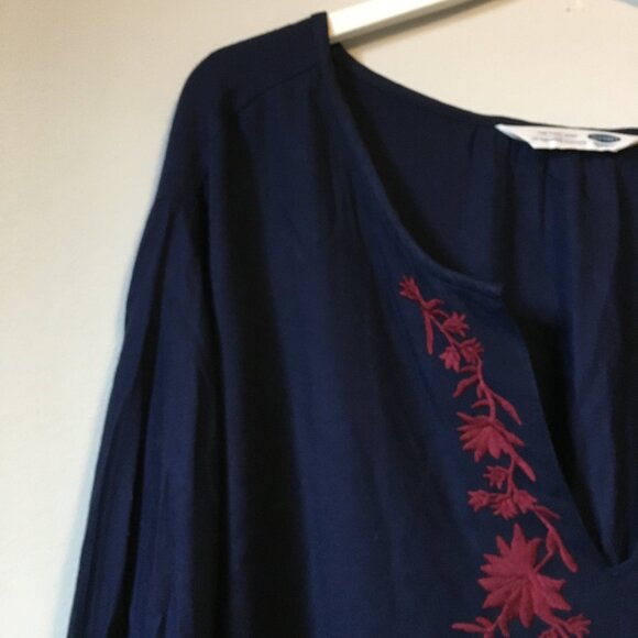 Dark Navy Blue Red Embroidered Peasant Sleeve Bohemian Tunic Shirt - Picture 6 of 15